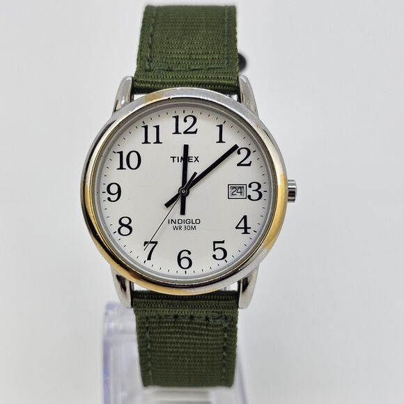 Timex Men's Watch 35MM White Dial Date New Army Green Canvas Bands New Battery - Picture 1 of 13